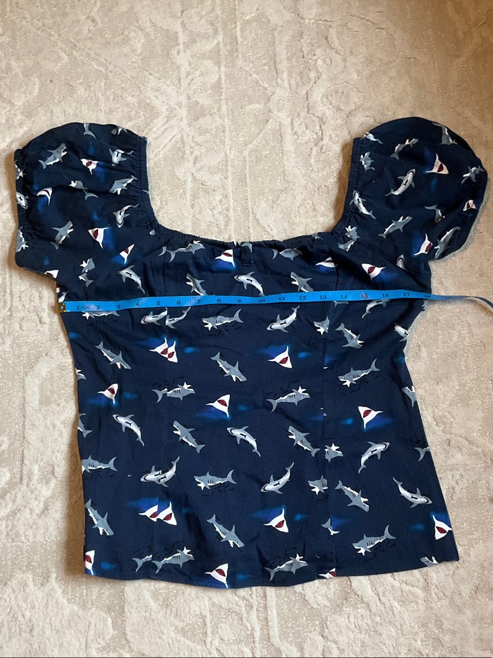 Miss Lulo Size L Retro Inspired Playful Navy Shark Print Puff Sleeve Top